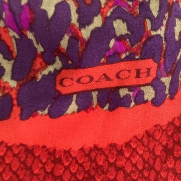 Coach Red Purple Magenta Wool Scarf Shawl Pashima Fringe 50" X 50" - Picture 8 of 11